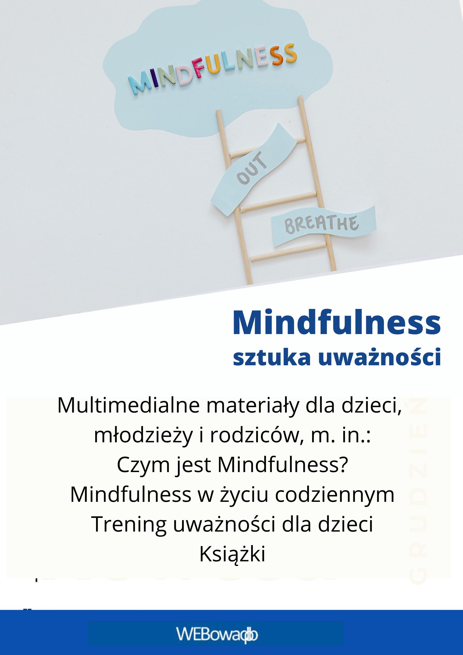 Mindfulness - sztuka uważności. Multimedialne materiały dla dzieci, młodzieży i rodziców, m. in.: Czym jest Mindfulness? Mindfulness w życiu codziennym, Trening uważności dla dzieci, Książk